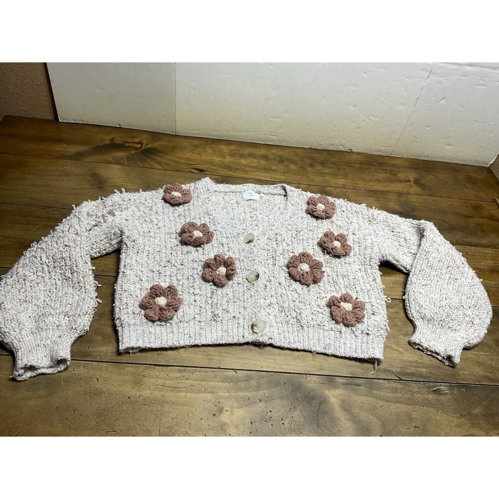 Luna Ivy Flower Crochet Oversized Cardigan Sweater Top Warm Beige Medium